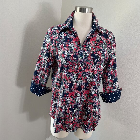 Chaps Womens Medium Floral No Iron Button Up Shirt 3/4 Sleeve Blouse - Picture 1 of 11